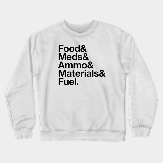 State Of Decay Helvetica Dark: Food Meds Ammo Materials Fuel Crewneck Sweatshirt by Vincent Garguilo